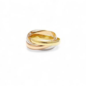 alliance trois anneaux entrelacé avec trois ors diffèrent, or blanc, or rose, or jaune 18 carats