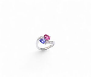 bague toi et moi tanzanite poire tourmaline rose ovale diamant sur le corps en or blanc 18 cts