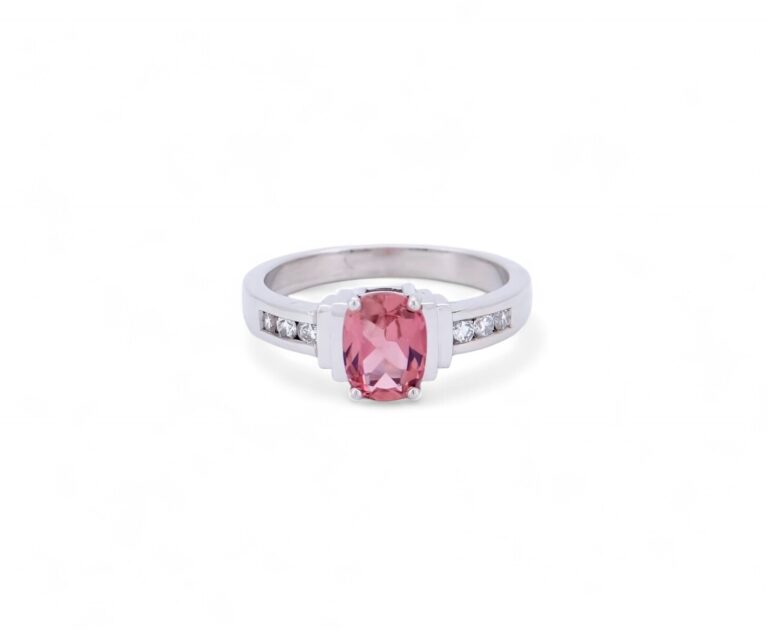 bague art deco tourmaline rose diamant  or blanc